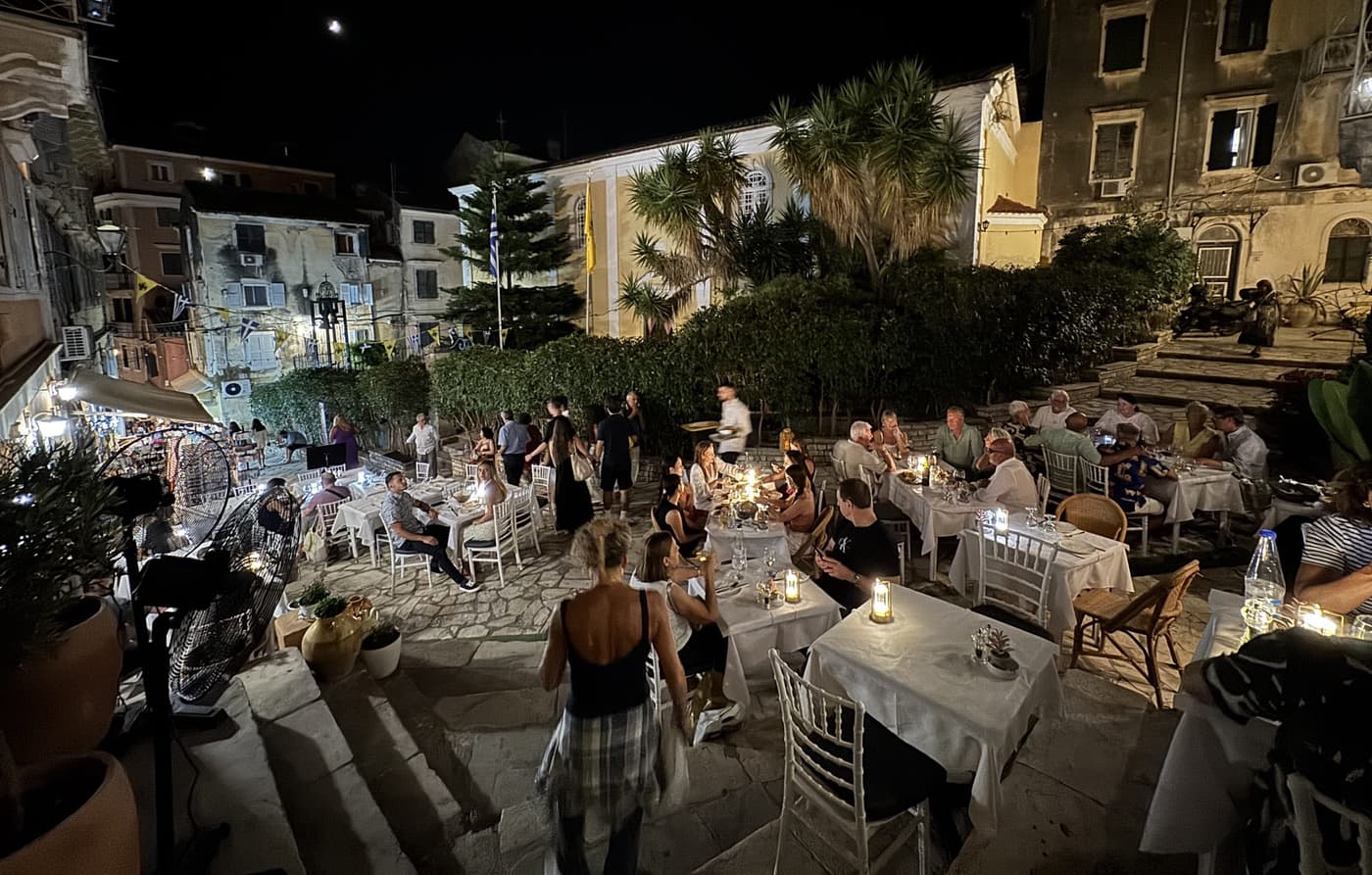 MeZen Restaurant — outdoor dining in Corfu's old town at night