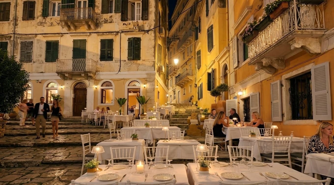 MeZen Restaurant — outdoor dining in Corfu's old town at night